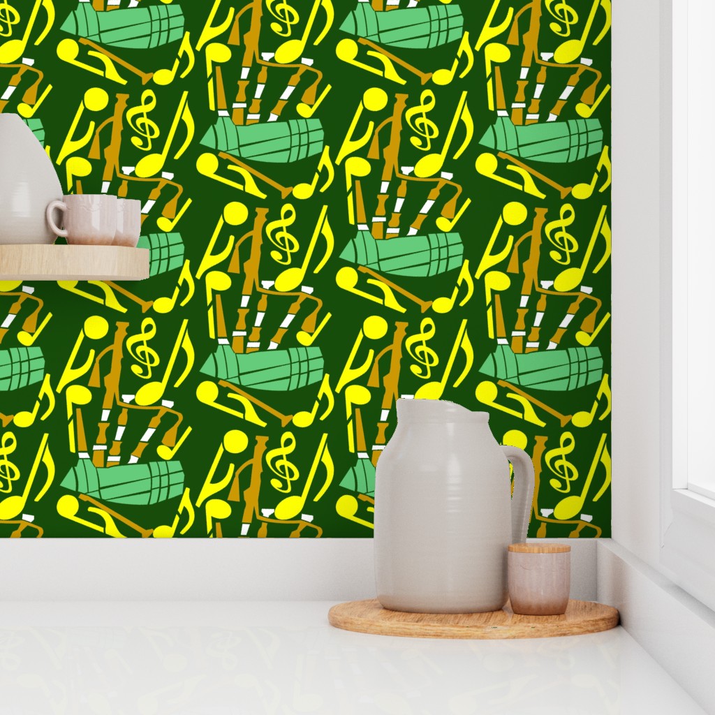 Bagpipes Yellow Notes Green Wallpaper