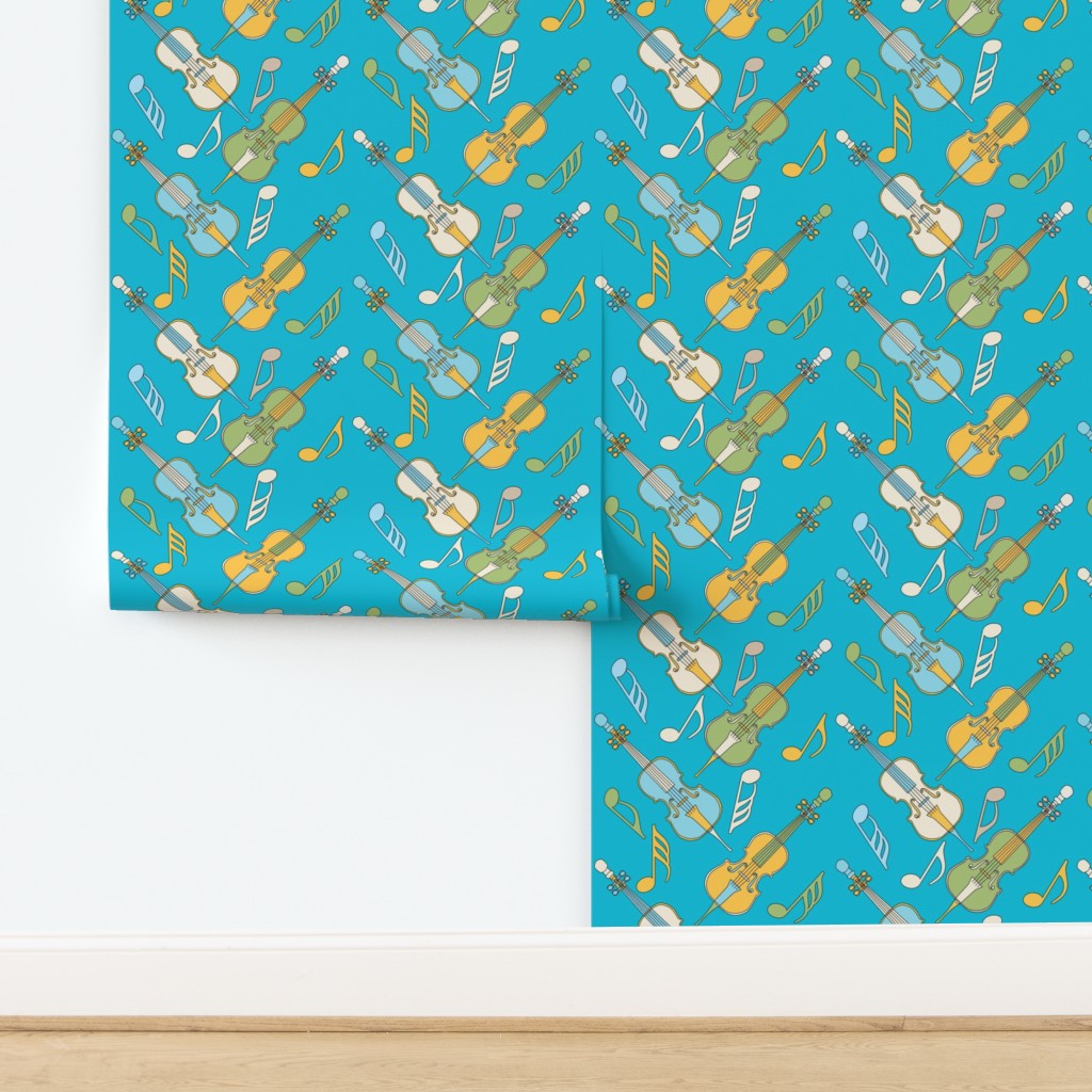 Angled Cellos Music Notes Aqua Wallpaper