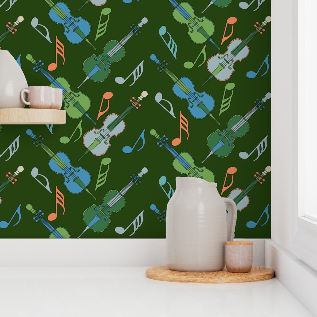 Angled Cellos Music Notes Dark Green Wallpaper