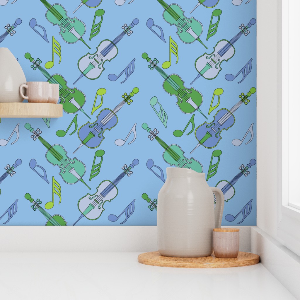 Blue Green Angled Cellos Music Notes Wallpaper