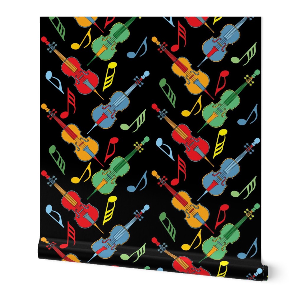 Colorful Angled Cellos Music Notes Black Wallpaper