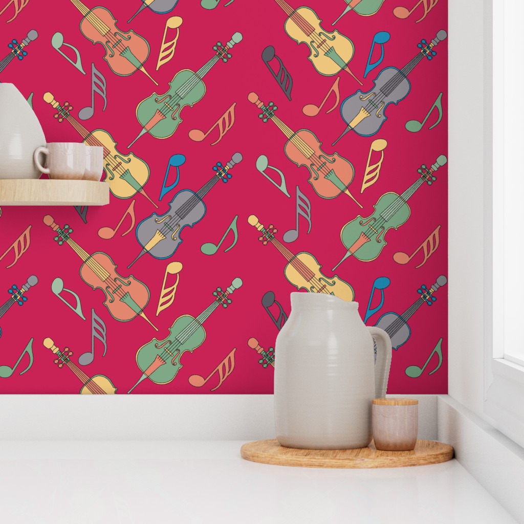Colorful Angled Cellos Music Notes Red Wallpaper