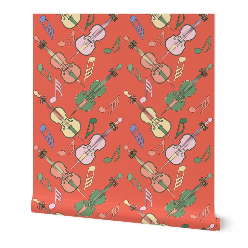 Angled Cellos Music Notes Warm Colors Wallpaper
