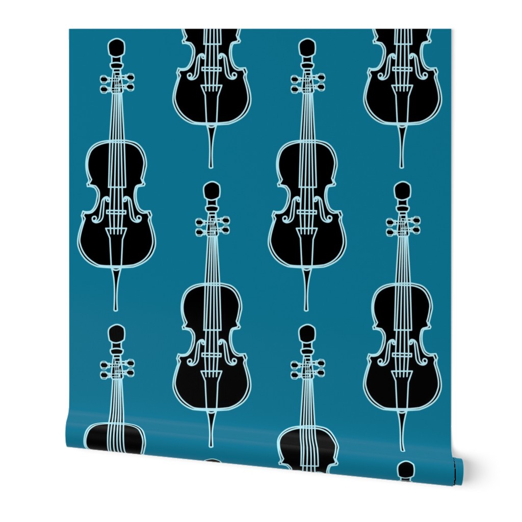 Large Black and White Cello Drawing Blue Background Wallpaper