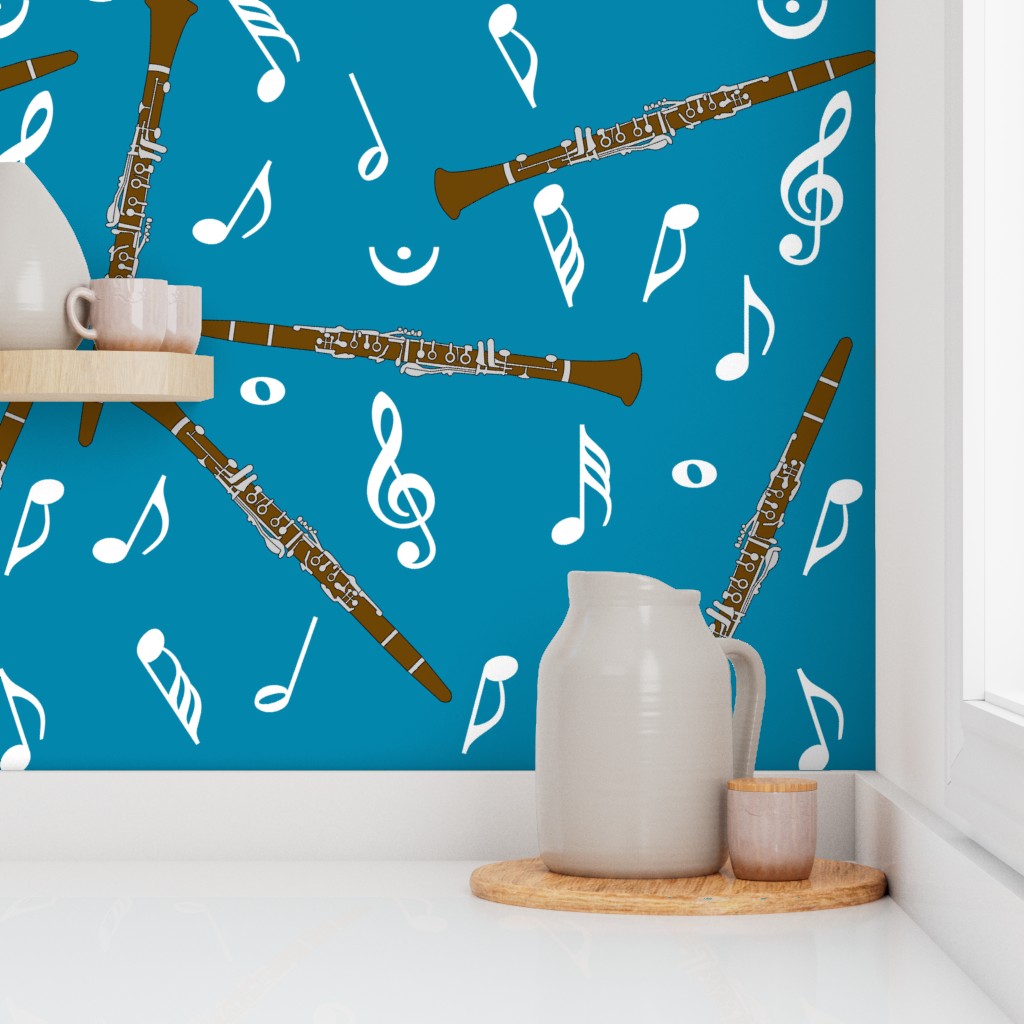 Brown Clarinet White Notes Blue Background Wallpaper