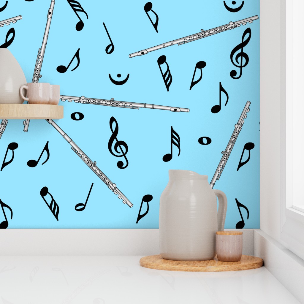Flute Black Music Notes Blue Background Wallpaper