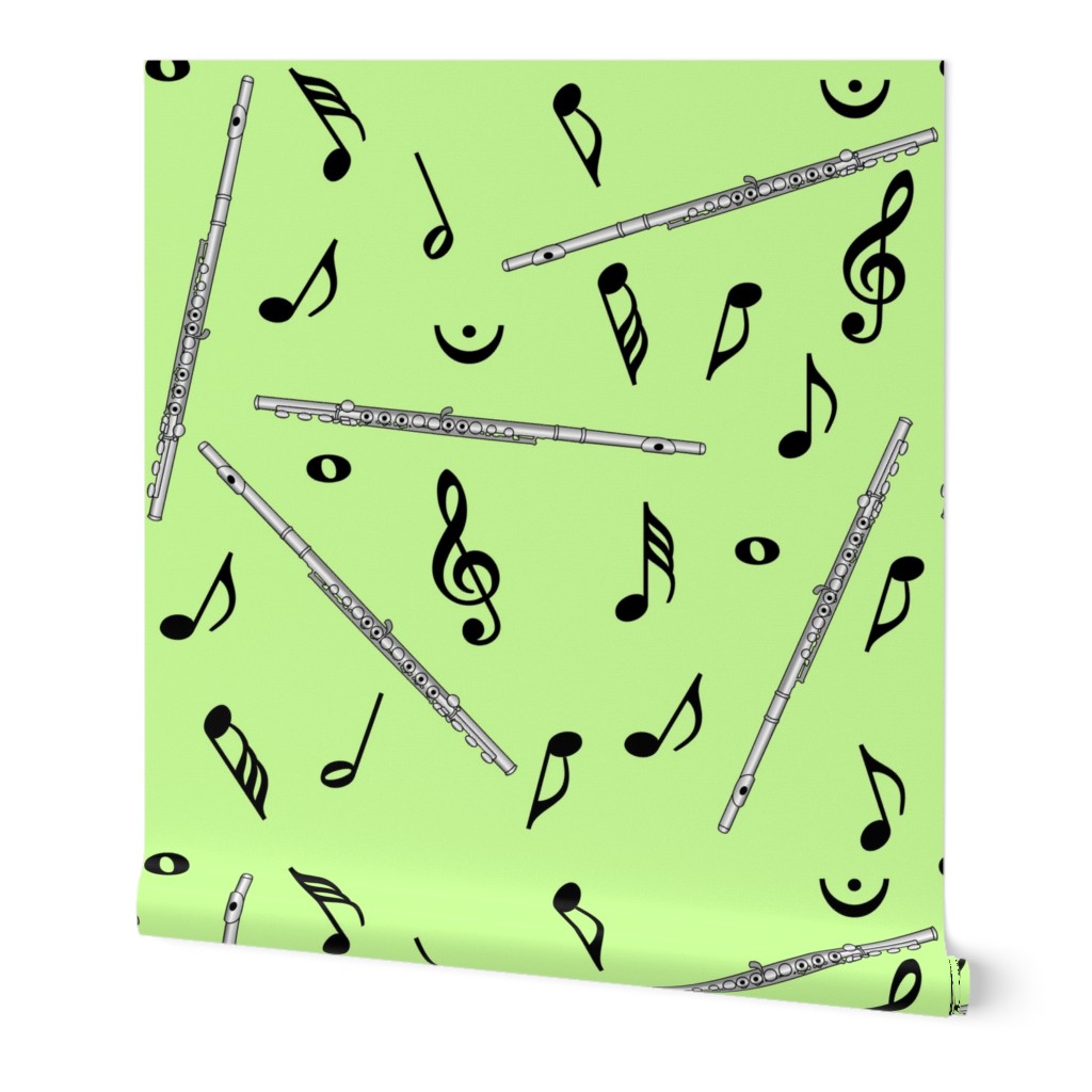 Flute Black Music Notes Green Background Wallpaper