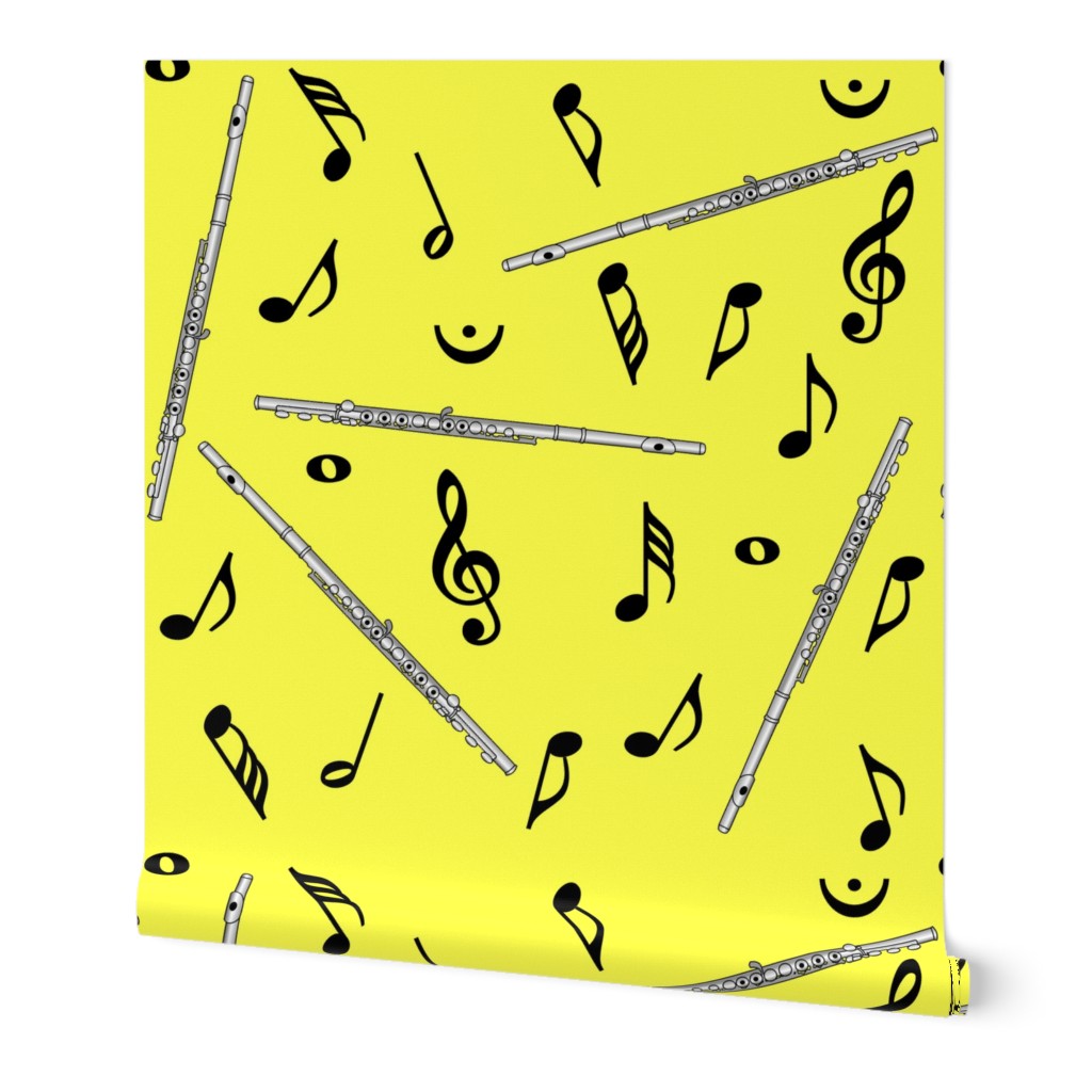 Flute Black Music Notes Yellow Background Wallpaper