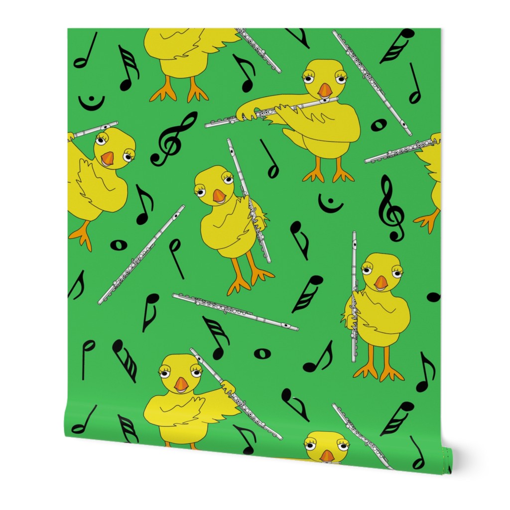 Flute Chick Black Music Notes Green Wallpaper