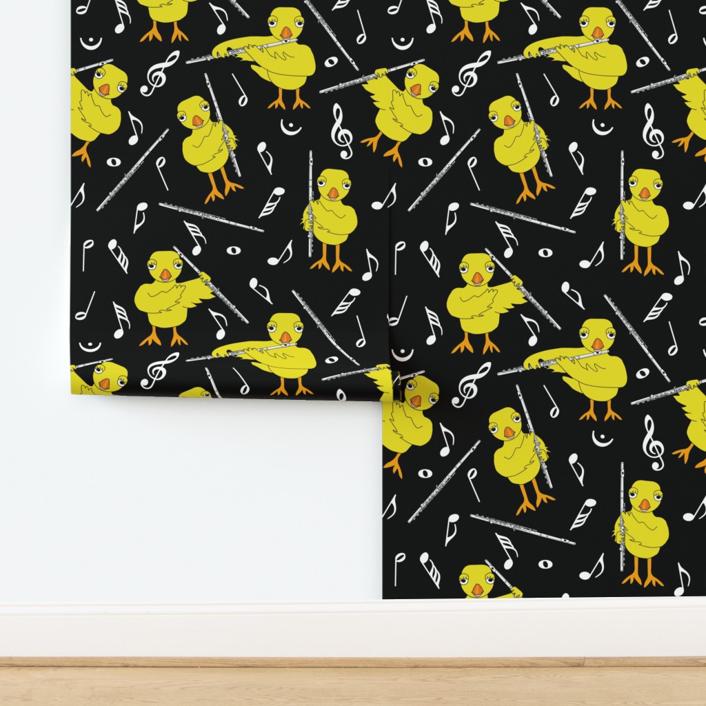 Flute Chick White Music Notes Black Wallpaper