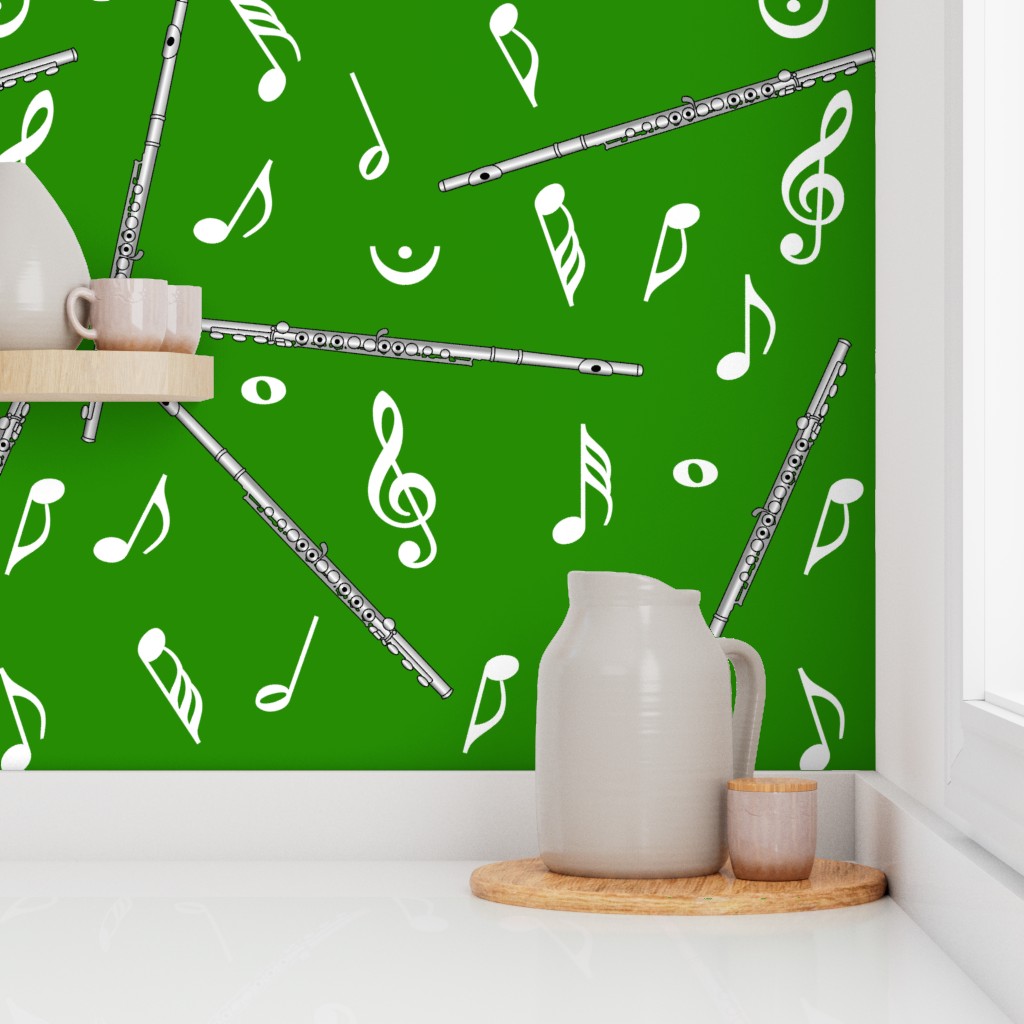Flutes White Music Notes Green Background Wallpaper