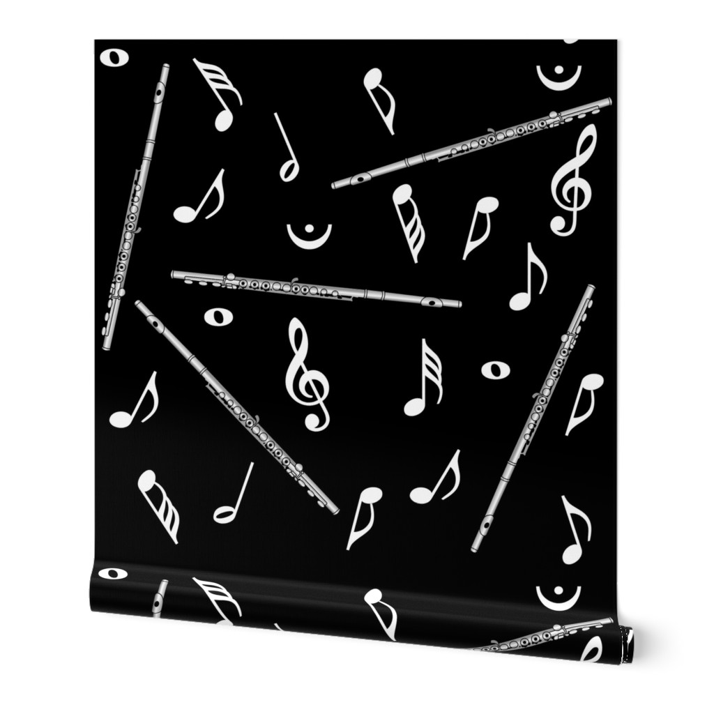 White Flute Music Note Pattern Black Wallpaper