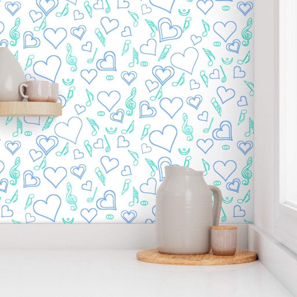 Blue and Green Hearts and Music Notes Wallpaper