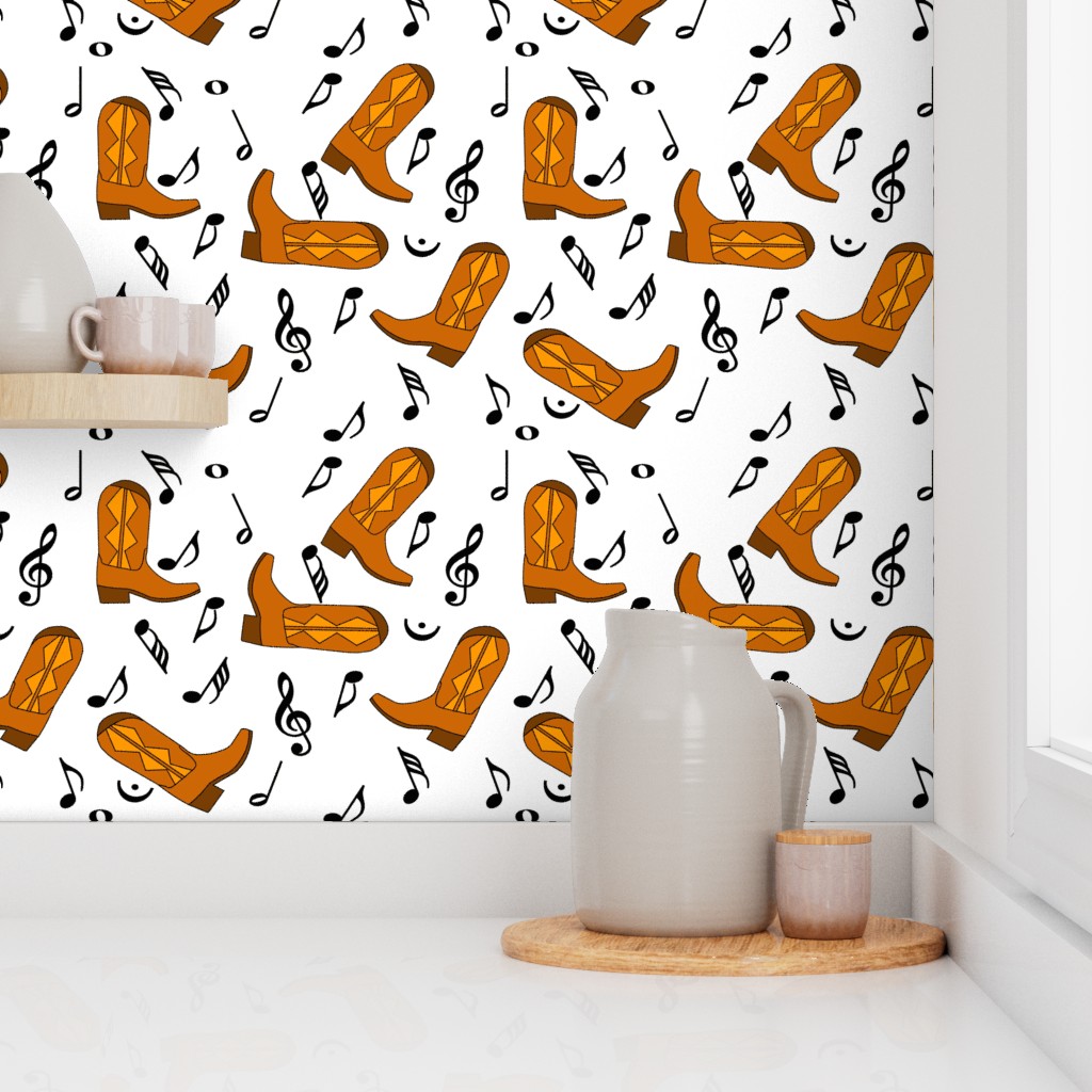 Brown Cowboy Boots Music Notes White  Wallpaper