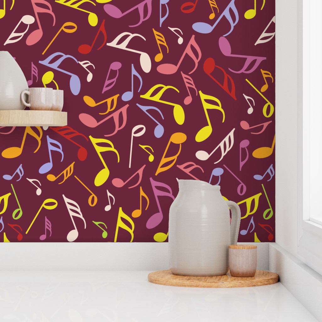 Colorful Music Notes Dark Red Background Wallpaper