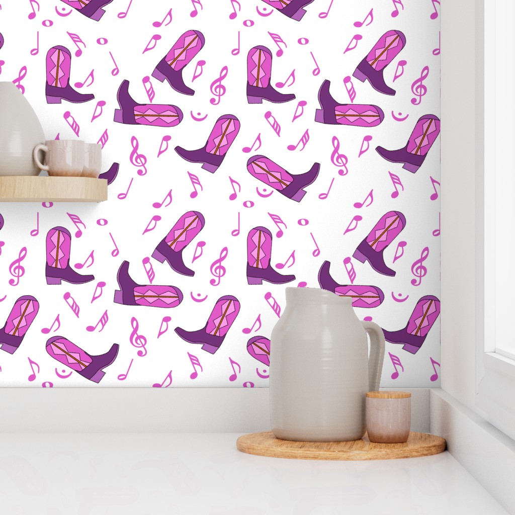 Cowboy Boots Music Notes Pink White Wallpaper
