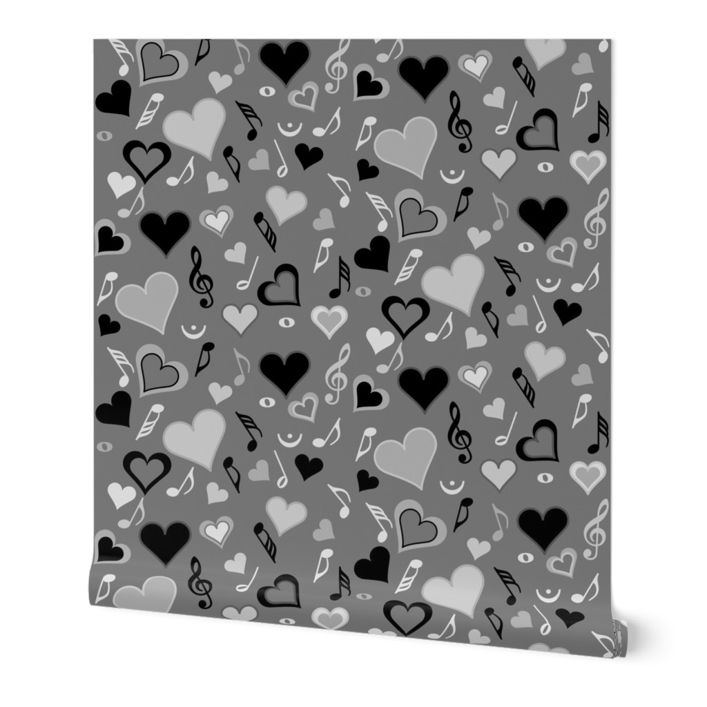 Hearts Music Notes Grays Wallpaper