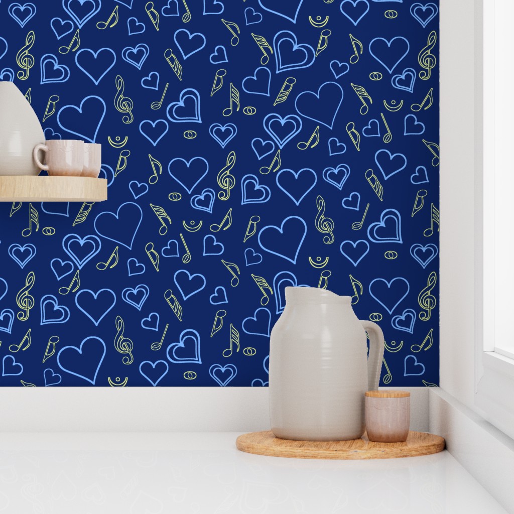 Hearts Music Notes Outlines Dark Blue Wallpaper