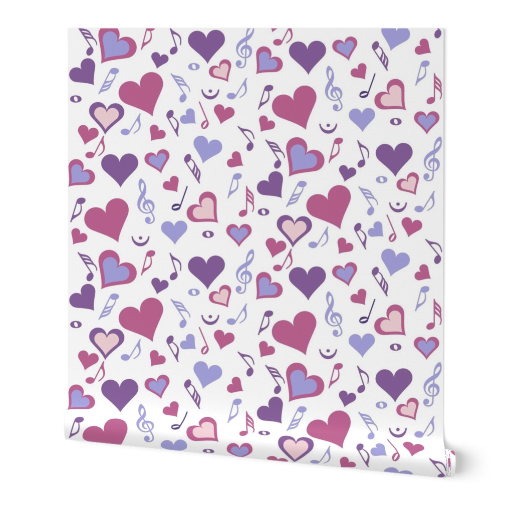 Hearts Music Notes Pink Purple White Background Wallpaper