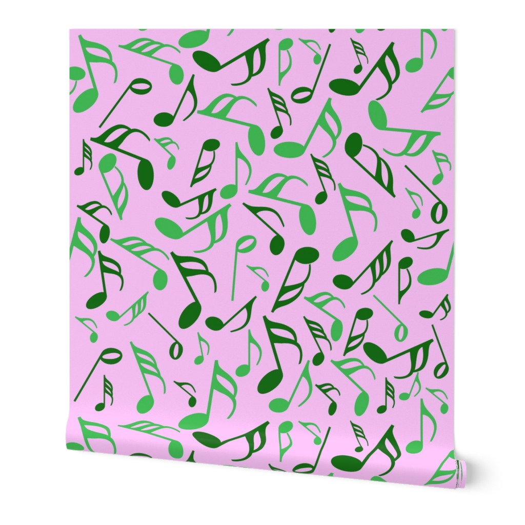 Music Notes Green On Pink Wallpaper
