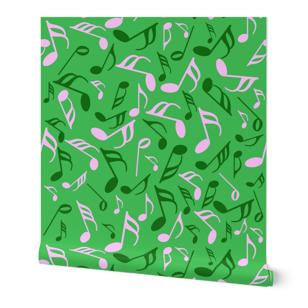 Music Notes Pink and Dark Green on Medium Green Wallpaper