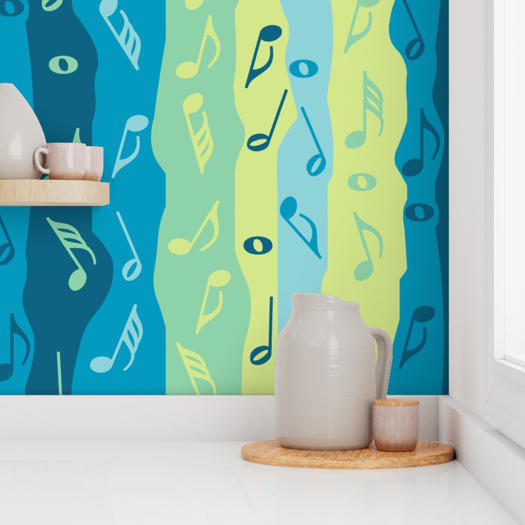 Music Notes Stripes Blue Green Wallpaper