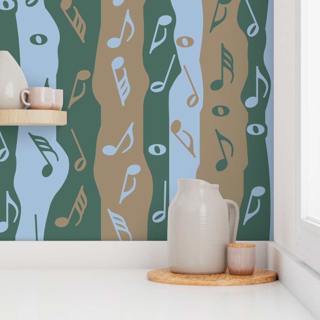 Music Notes Stripes Blue Green Brown Wallpaper