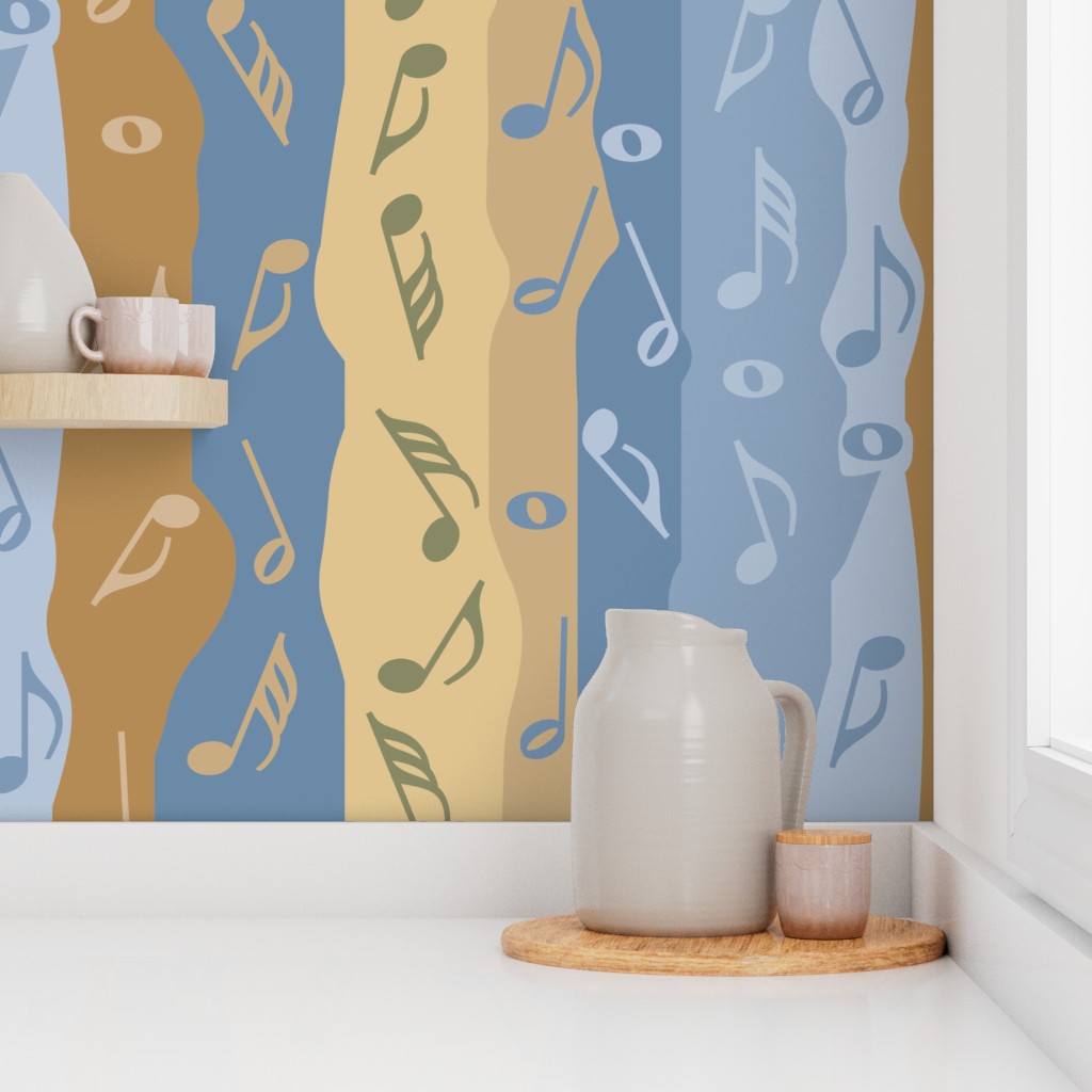 Music Notes Stripes Brown Blue Wallpaper