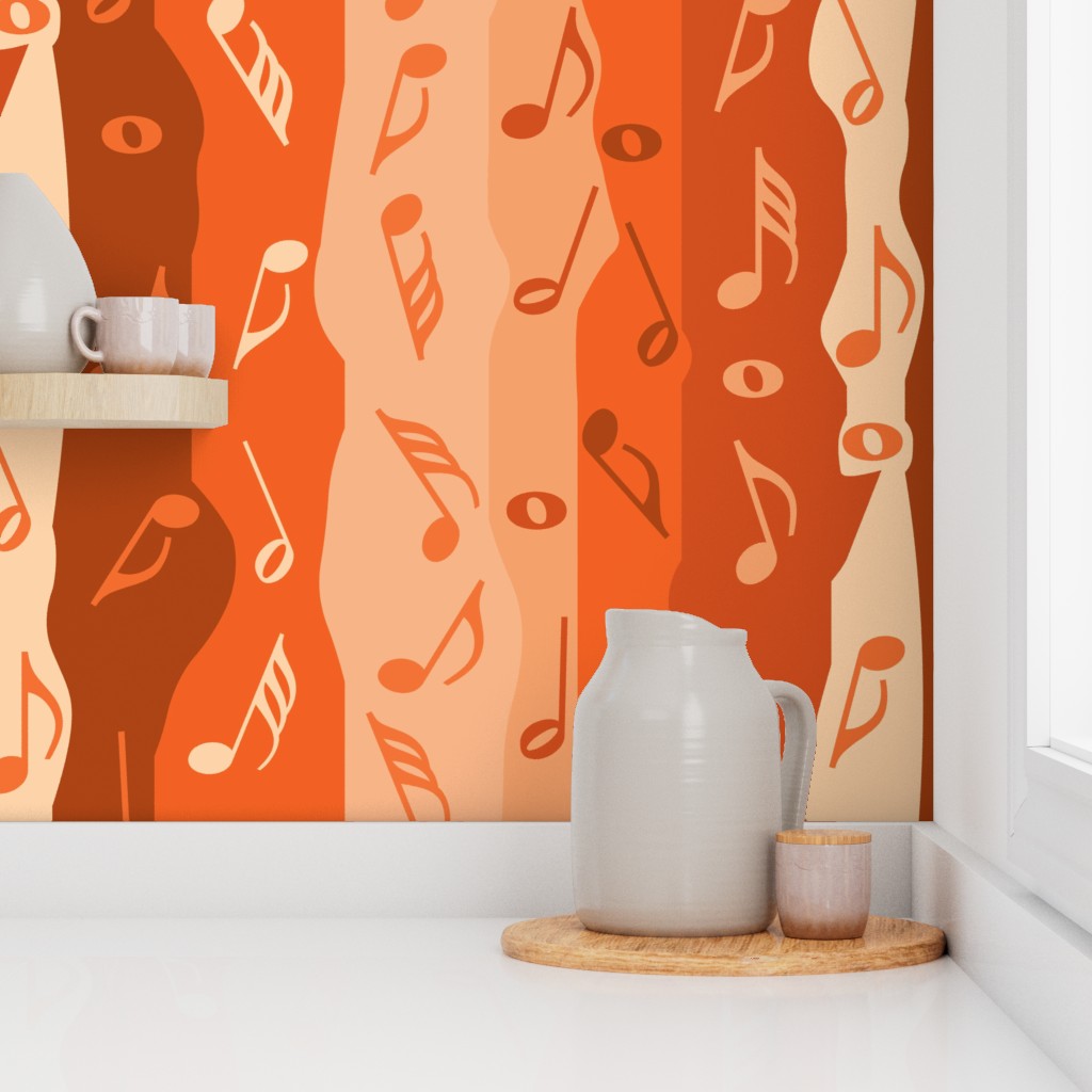 Music Notes Stripes Orange Wallpaper