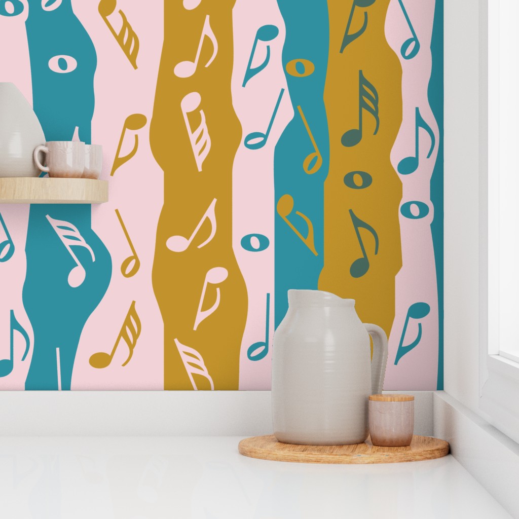 Music Notes Stripes Pink Blue Green Tan Wallpaper