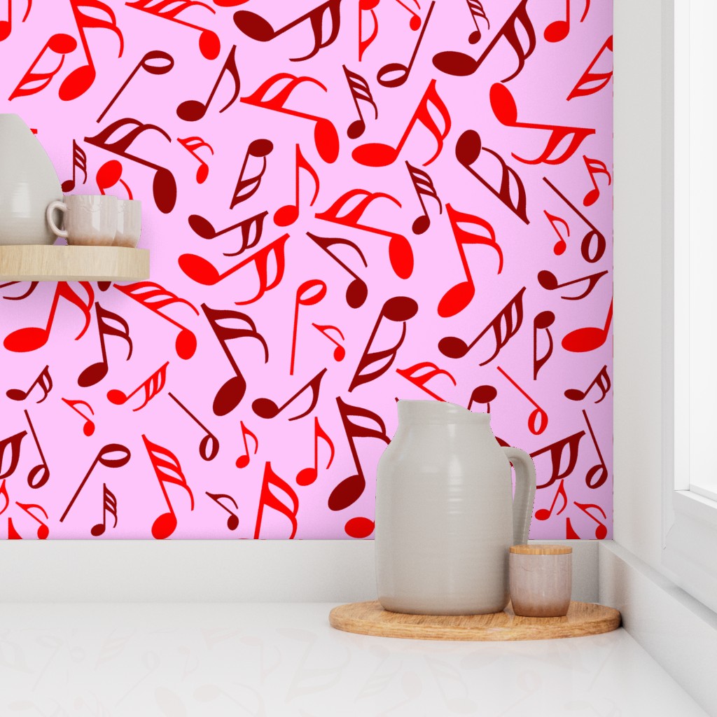 Red and Dark Red Music Notes on Pink Wallpaper