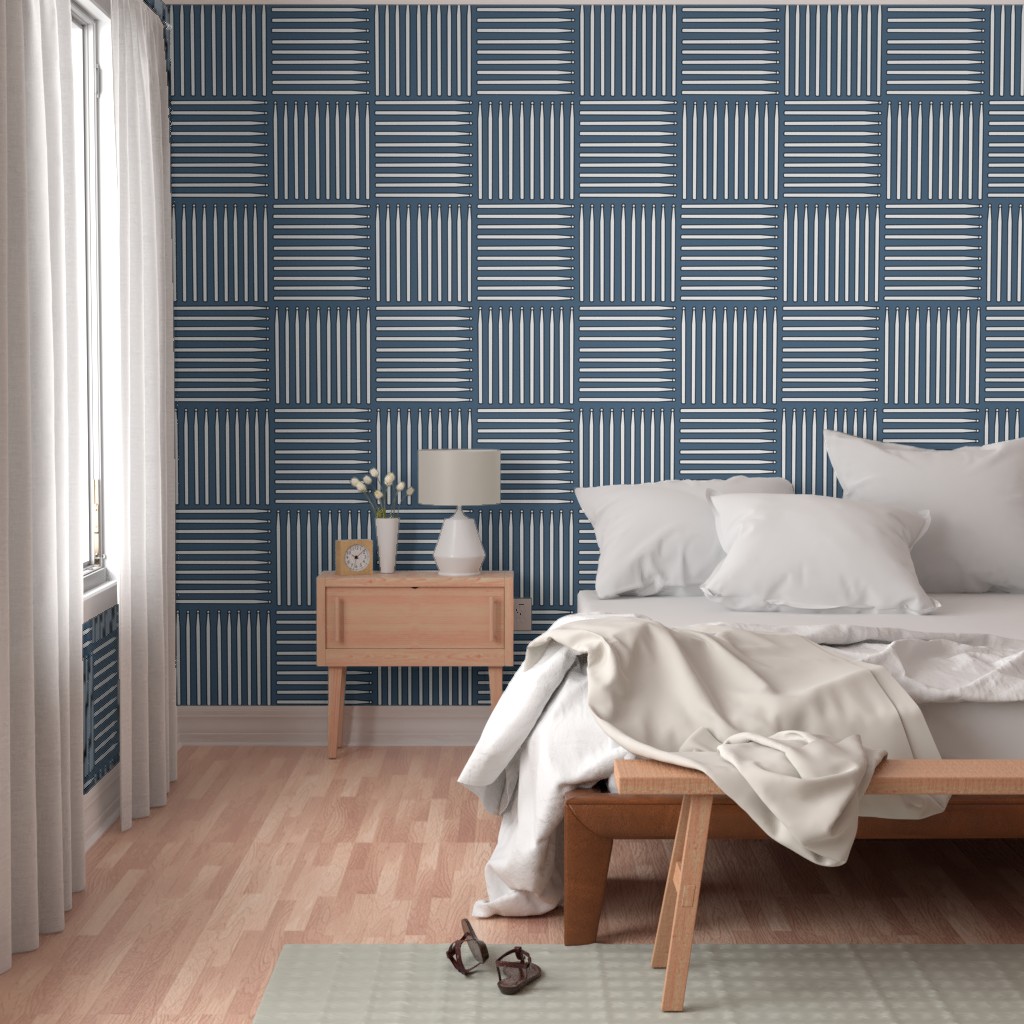 White Drumstick Crosshatch Blue 506B84 Wallpaper