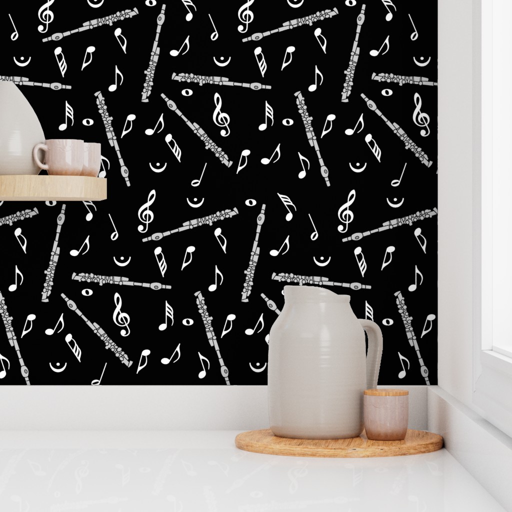 Piccolo White Music Notes Black Wallpaper