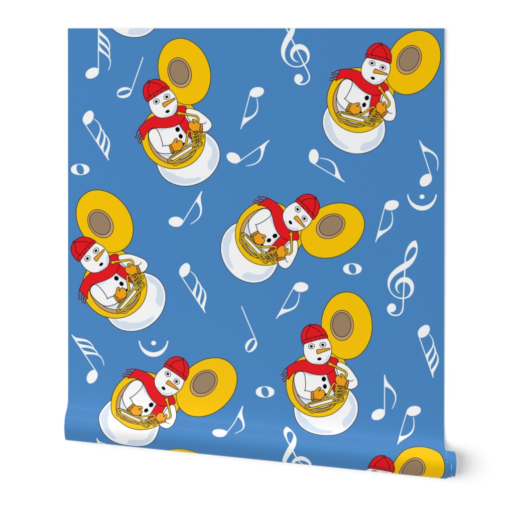 Snowman Tuba Music Notes Blue Wallpaper