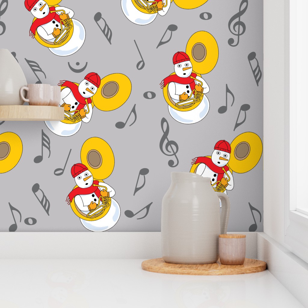 Snowman Tuba Music Notes Gray Wallpaper