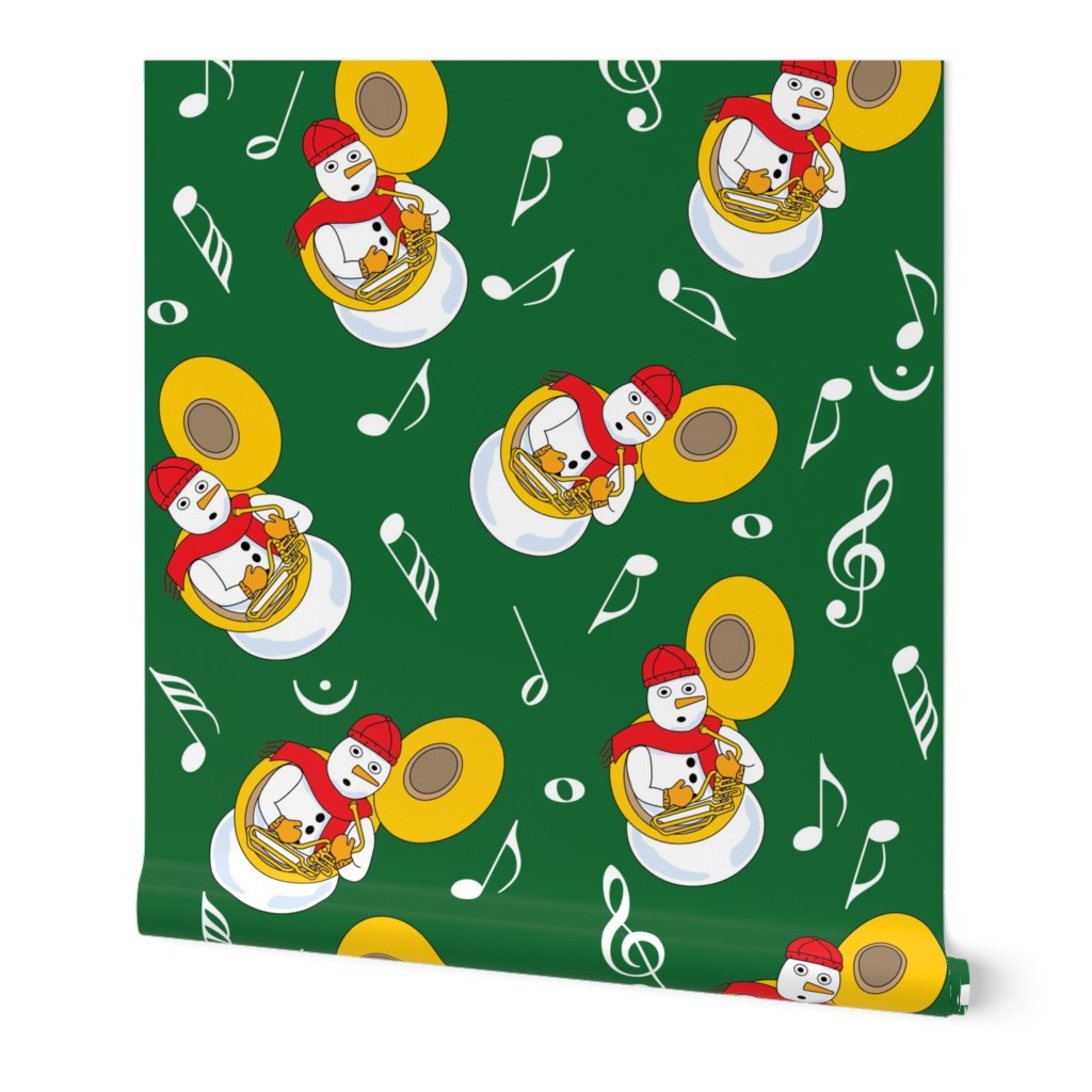 Snowman Tuba Music Notes Green Wallpaper