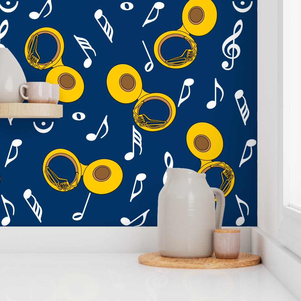 Tuba White Music Notes Dark Blue Wallpaper