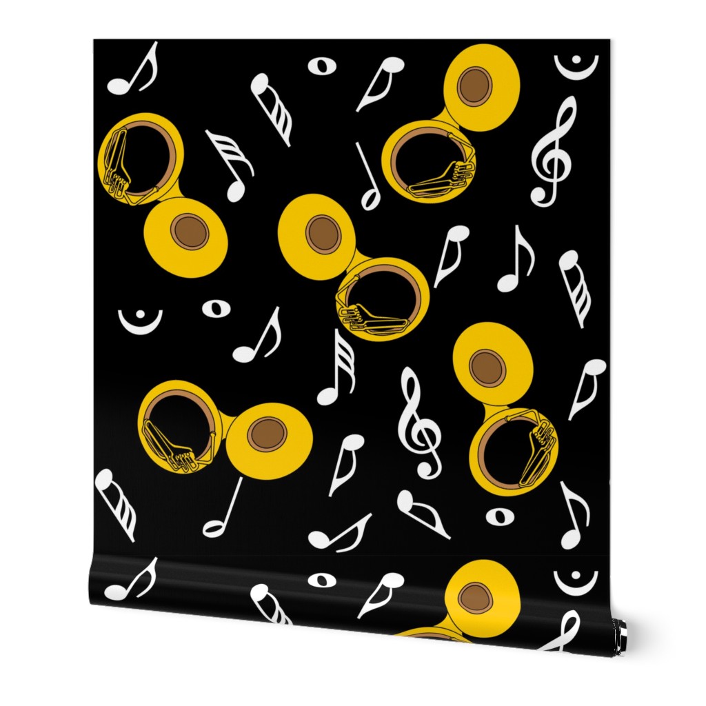 Tuba White Notes Black Background Wallpaper
