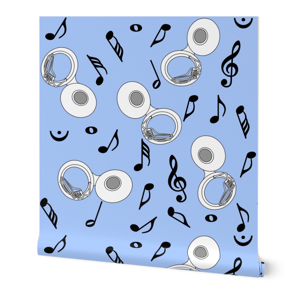 White Tuba Black Music Notes Blue Wallpaper