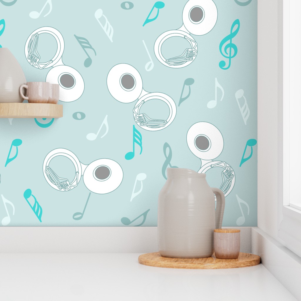 White Tuba Music Notes Muted Greens Wallpaper